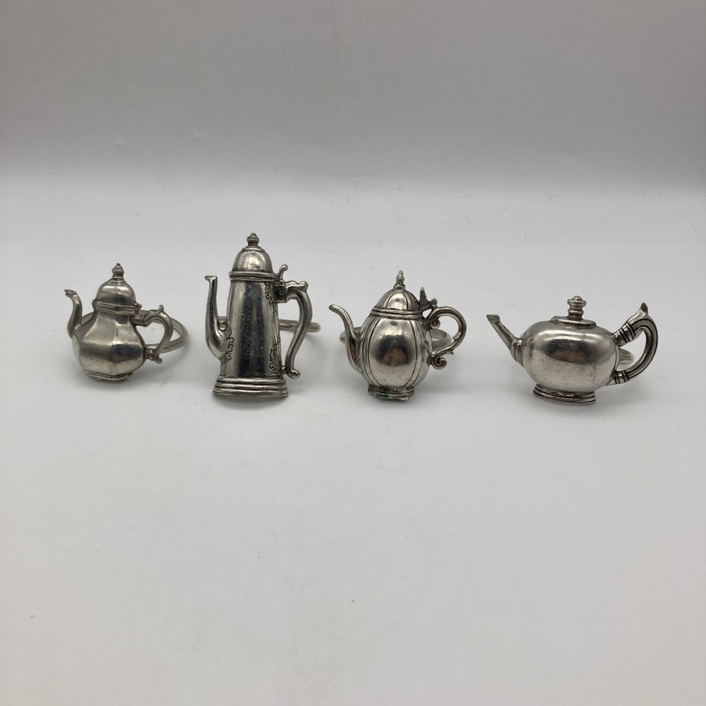 VTG MCM Pewter Mini Tea Coffee Pot Napkin Ring Holders Set of 4 farmhouse